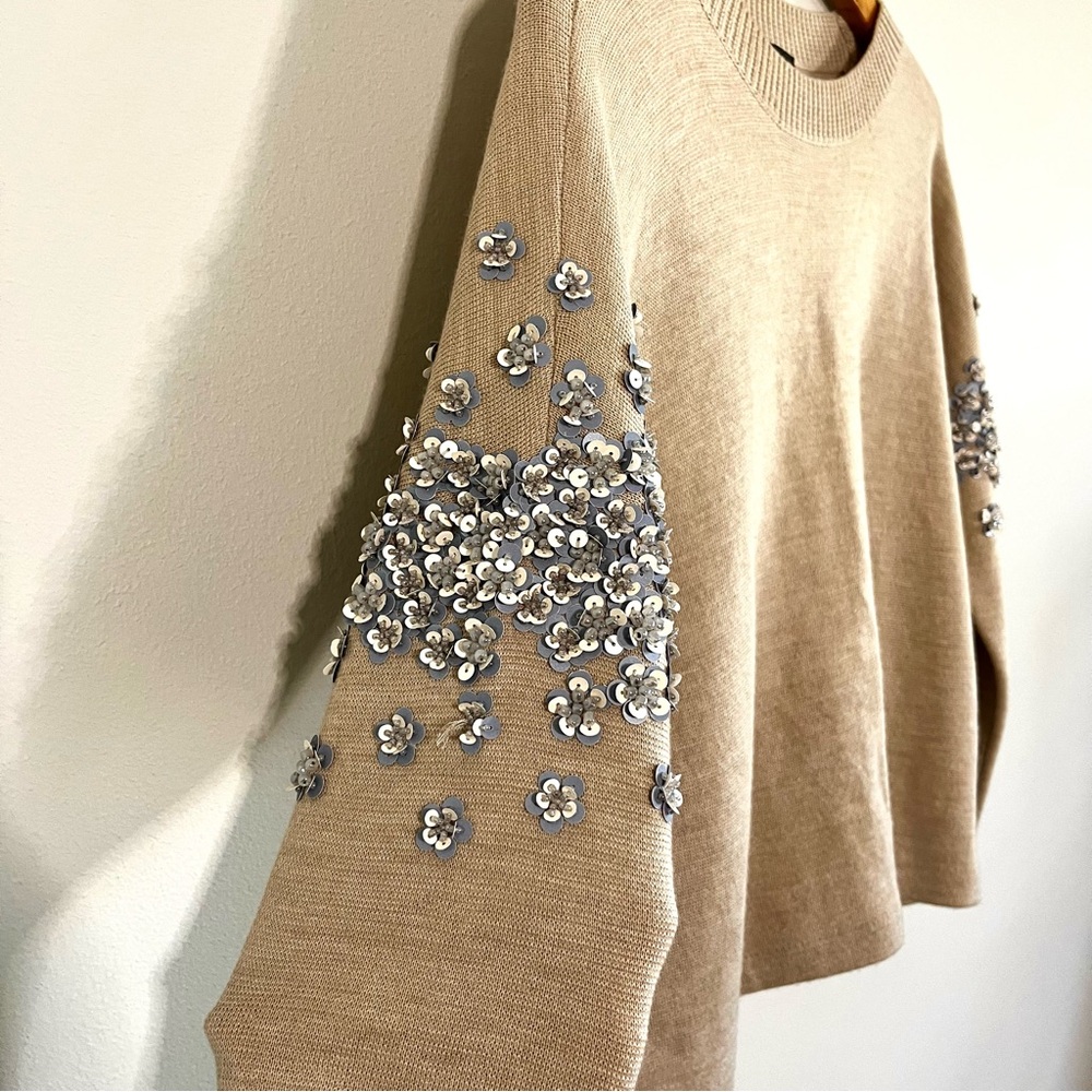 J. Crew Sequin Floral Embellished Wool Blend Oatmeal Women’s Sweater Size Small